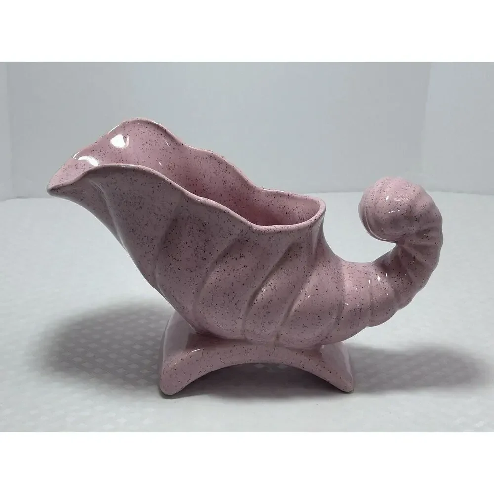Vintage‎ Cornucopia Horn Art Plenty Pottery Vase Planter Pink Speckled Glaze